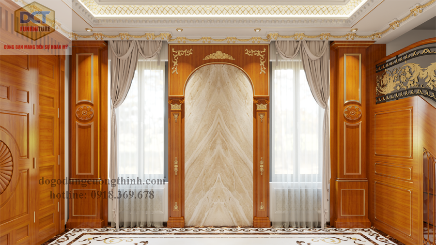 Thi công ốp cột gỗ gõ đỏ tân cổ điển